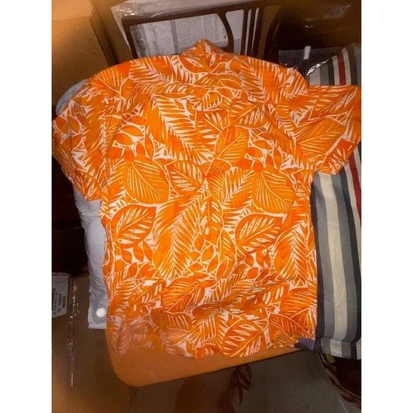 Crown & Ivy Mens Medium Orange Leaf Print Stretch Short Sleeve Button Down Shirt - Picture 5 of 5